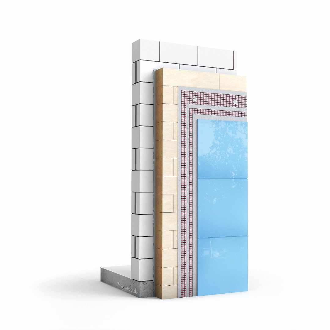 Systemgrafik für das Wärmedämmverbundsystem weber.therm style mit Glas als Oberflächenfinish
