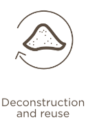 Icon of a material pile with a circular arrow around it and the text deconstruction and reuse below it