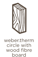 Icon of a wood fibre board with the text weber.therm circle with wood fibre board below
