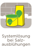 Icon von zwei Weber Produkten vor einer Wand mit Salzausbl&uuml;hungen und darunter der Text Systeml&ouml;sung bei Salzausbl&uuml;hungen.