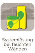 Icon von zwei Weber Produkten vor einer feuchten Wand und darunter der Text Systeml&ouml;sung bei feuchten W&auml;nden.