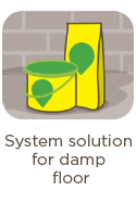 Icon von zwei Weber Produkten auf einem nassen Boden und darunter der Text Systemlösung bei Nässe von unten.