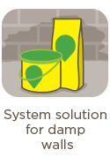 Icon von zwei Weber Produkten vor einer feuchten Wand und darunter der Text Systemlösung bei feuchten Wänden.