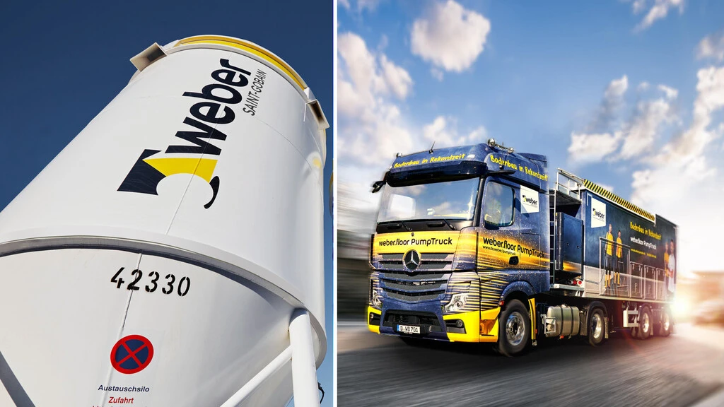 Zweigeteiltes Bild mit einem Weber Silo vor blauem Himmel auf der linken Seite und dem fahrenden PumpTruck auf der rechten Seite