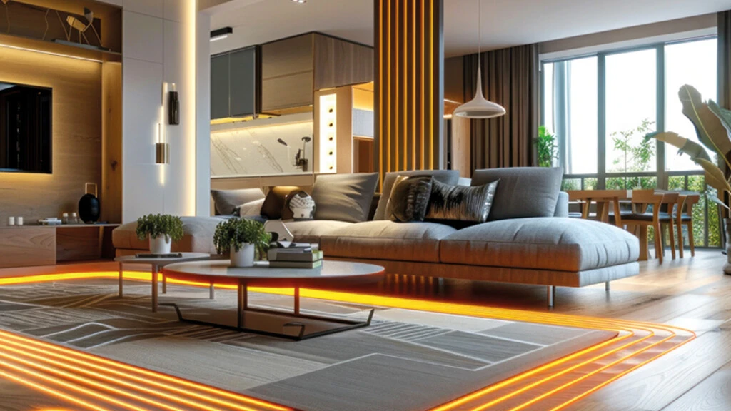 Ein Wohnzimmer, das über eine Fußbodenheizung verfügt