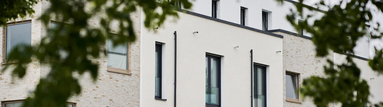 Aufnahme einer Fassade mit WDVS welche im Vordergrund von unscharfen Blätter eines Baumes umrahmt wird