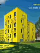 Titelbild der weber.therm circle Broschüre mit einem gelb eingefärbten mehrstöckigen Haus, welches auf einer Wiese steht und einen blauen Himmel im Hintergrund hat