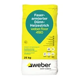 Verpackung des weber.floor 4180 als gelber Sack mit einem grünen Tropfen drauf, in welchem Faserarmierter Dünn-Heizestrich weber.floor 4180 steht