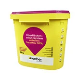 Verpackung des weber.tec Superflex OS5b. Gelber Eimer mit magentafarbenem Deckel und Tropfen vorne drauf, in dem der Produktname steht