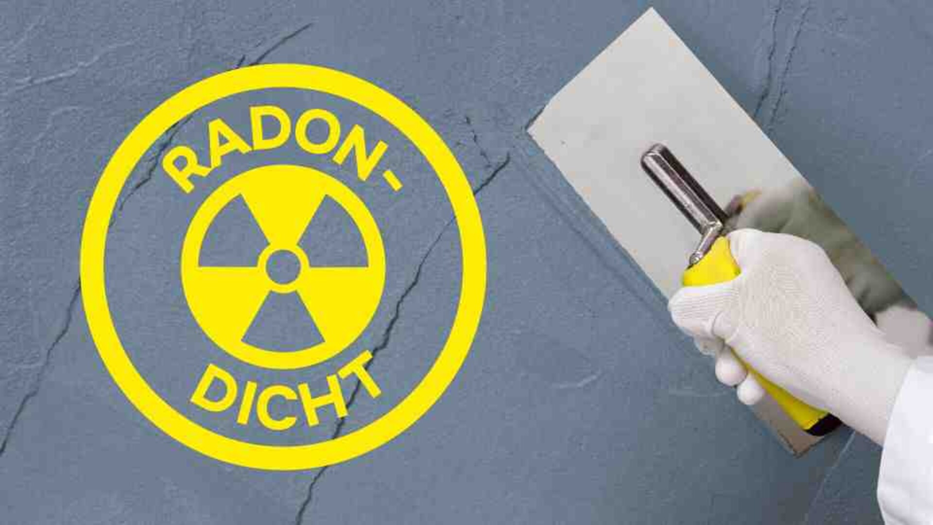 D24 Radondicht weber.tec Superflex D 24 wird mit einer Kelle auf eine Wand aufgetragen. In Gelb ist das Symbol für Radondichte groß im Bild