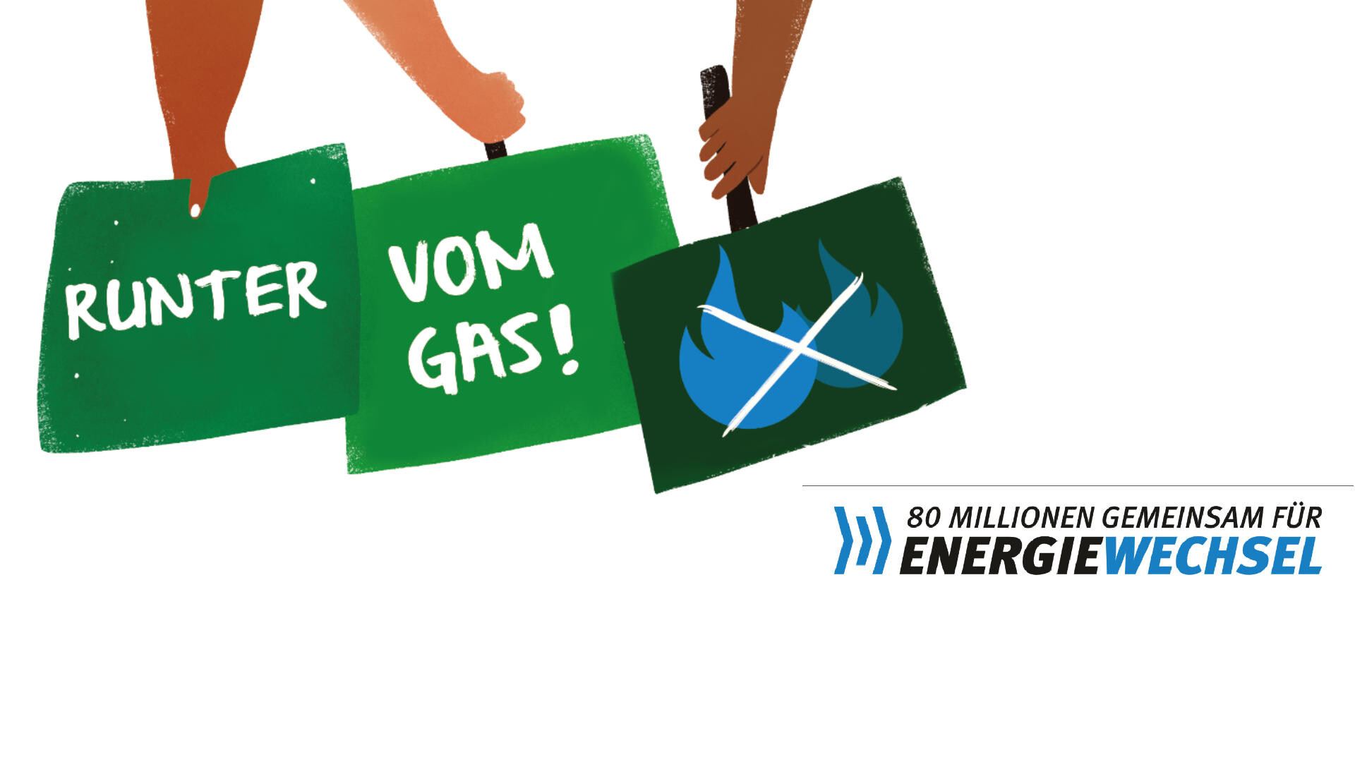 Energiesparen Pictogram wo Hände Schilder mit den Worten "Runter vom Gas" halten und das BWE Logo zum EnergieWechsel