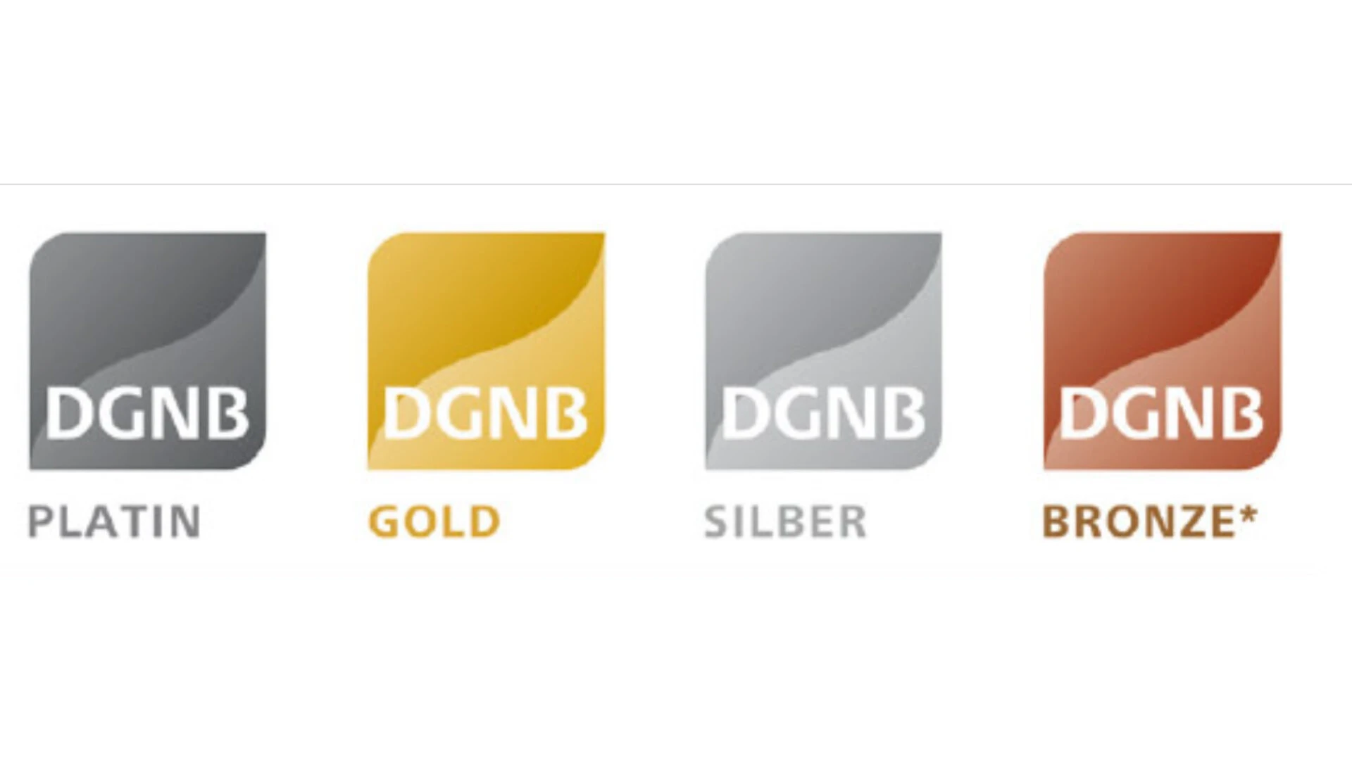 DGNB Logo in Platin, Gold, Silber und Bronze für die verschiedenen Zertifizierungsstufen