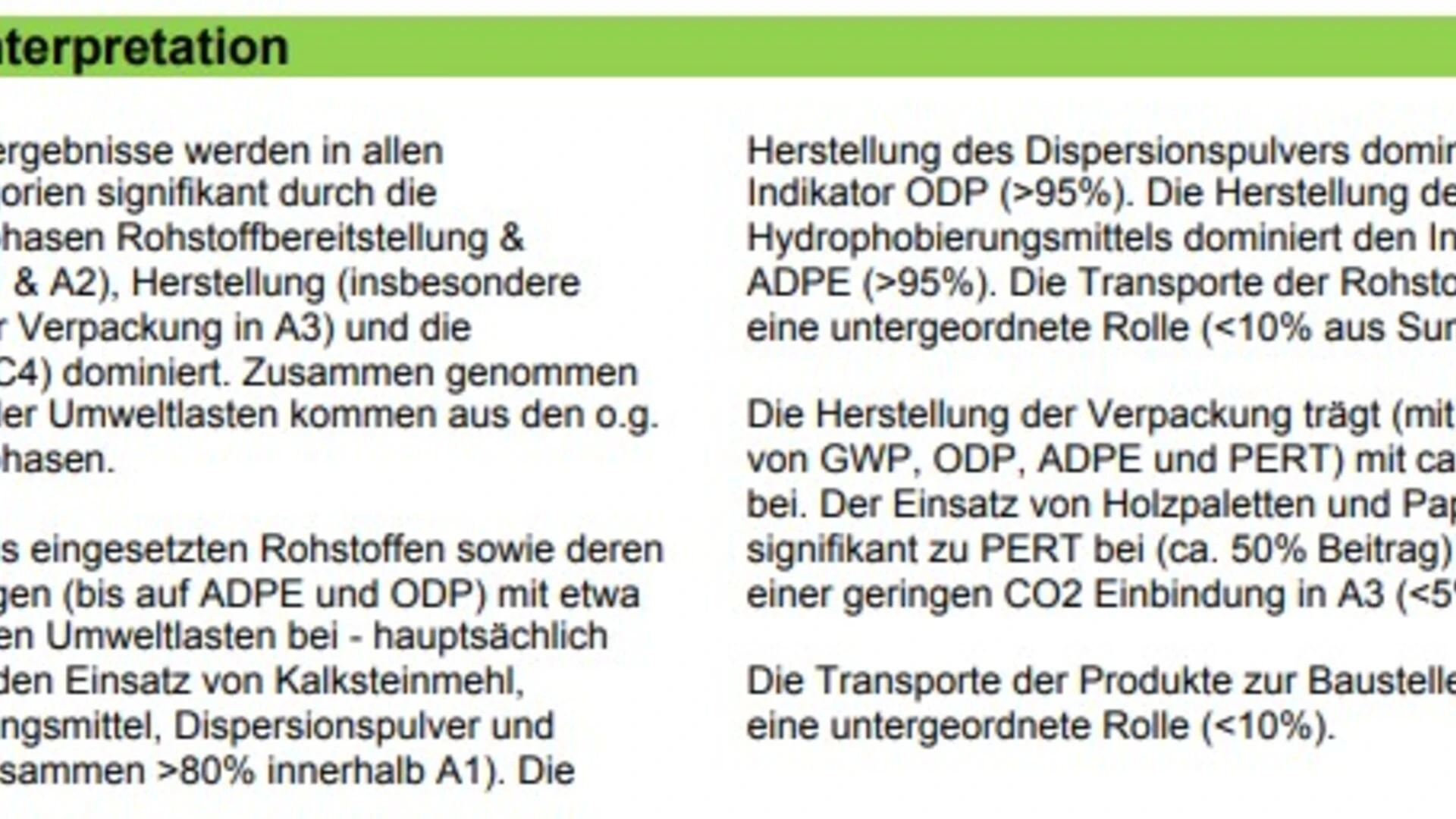 Auszug der Interpretation der Lebenszyklusanalyse einer EPD