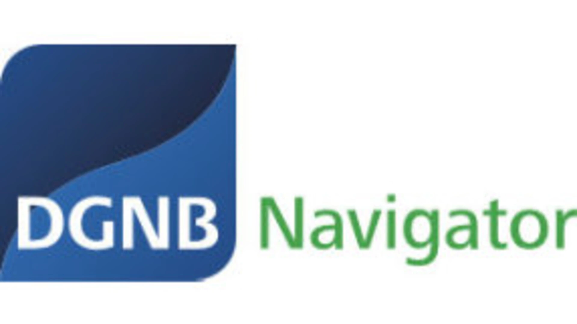 Logo des DGNB Navigator mit einem blauen, geschwungenen Quadrat, in dem "DGNB" steht und daneben in grüner Schrift der Text "Navigator"