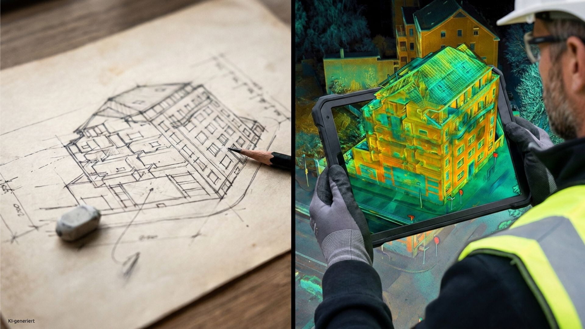 Splitscreen einer Bestandsaufnahme, links eine Bleistiftzeichnung eines Gebäudes, rechts ein 3D Modell