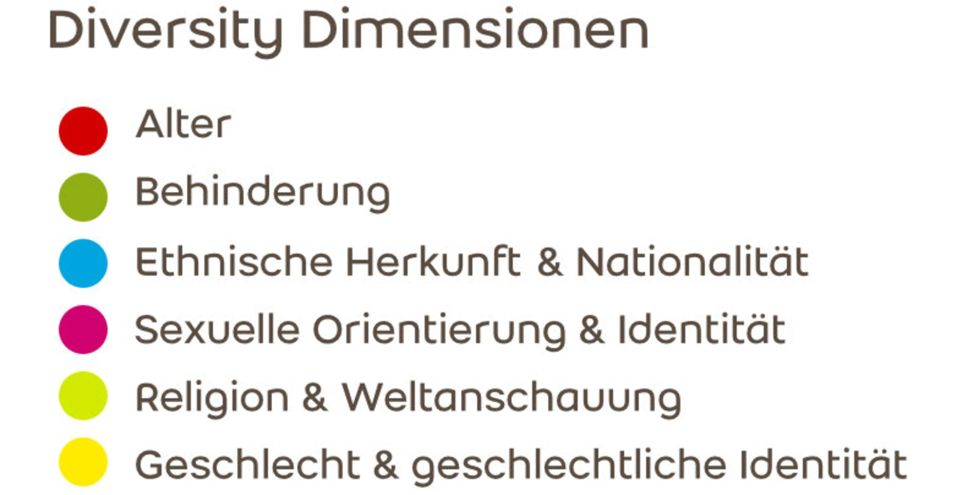 Auflistung der Diversity Dimensionen: Alter, Behinderung, Ethnische Herkunft & Nationalität, Sexuelle Orientierung & Identität, Religion & Weltanschauung, Geschlecht & geschlechtliche Identität