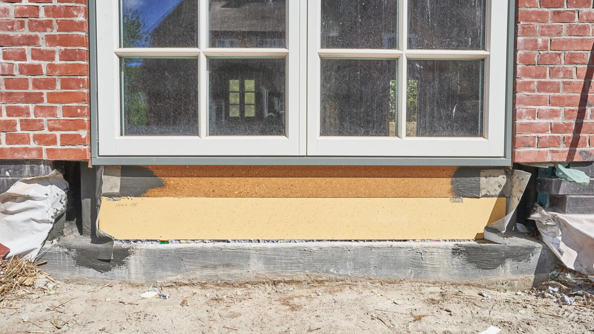 Sichtbar freigelegter Sockel unter einem bodentiefen Fenster, der abgedichtet wird