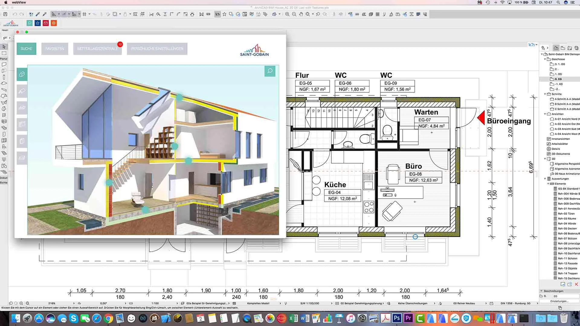 Plan eines Hauses neben dem durch BIM erstellten 3D-Modell