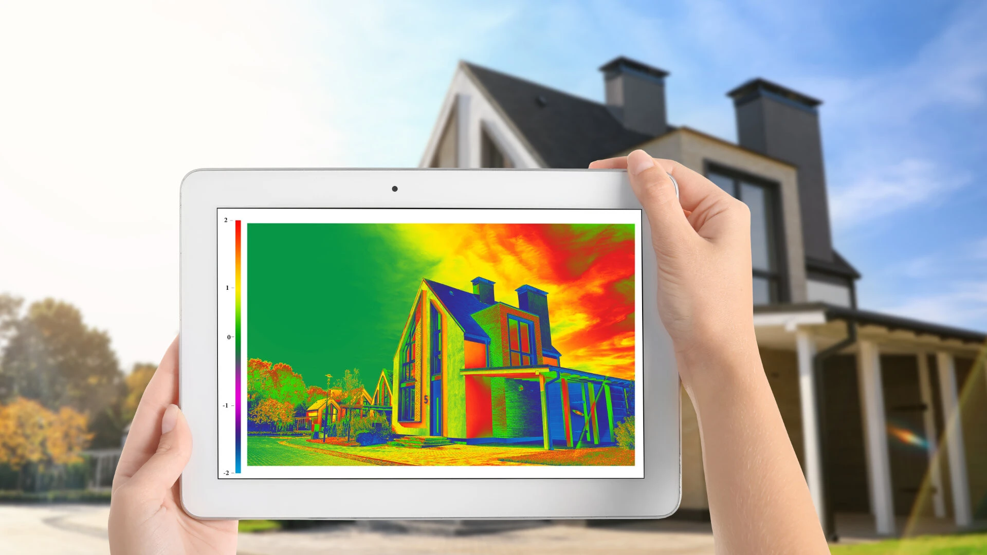 Haus wird mit einer Thermokamera abgescannt, um Wärmebrücken zu erkennen