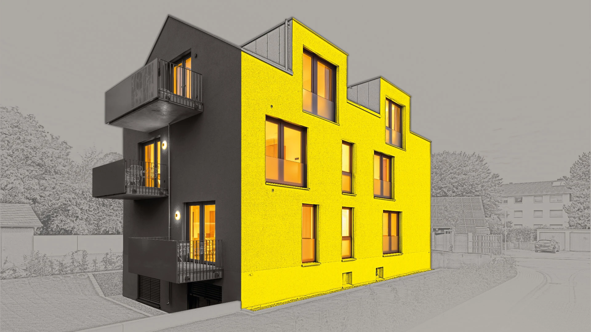 Grafik mit Haus mit gelber Fassade, wo weber.therm circle als WDVS verwendet wird, vor grauem Hintergrund