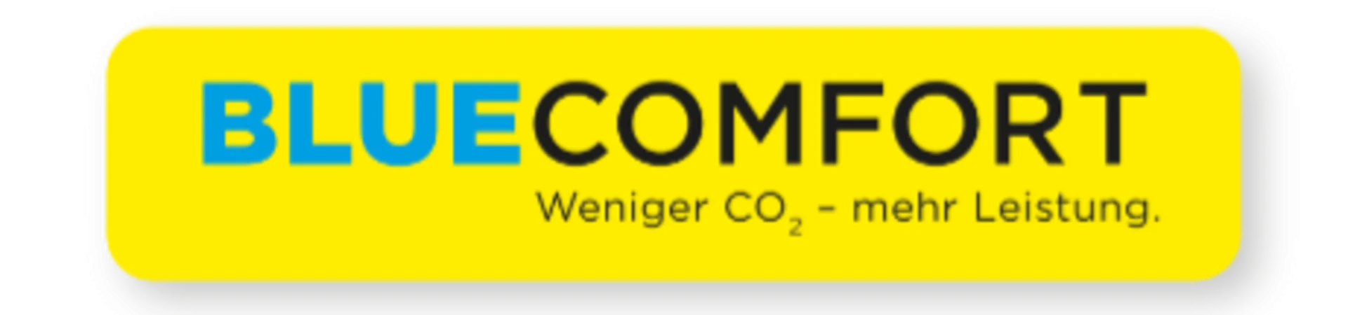Gelbes Rechteck mit dem Schriftzug BlueComfort Weniger CO2 - mehr Leistung darauf