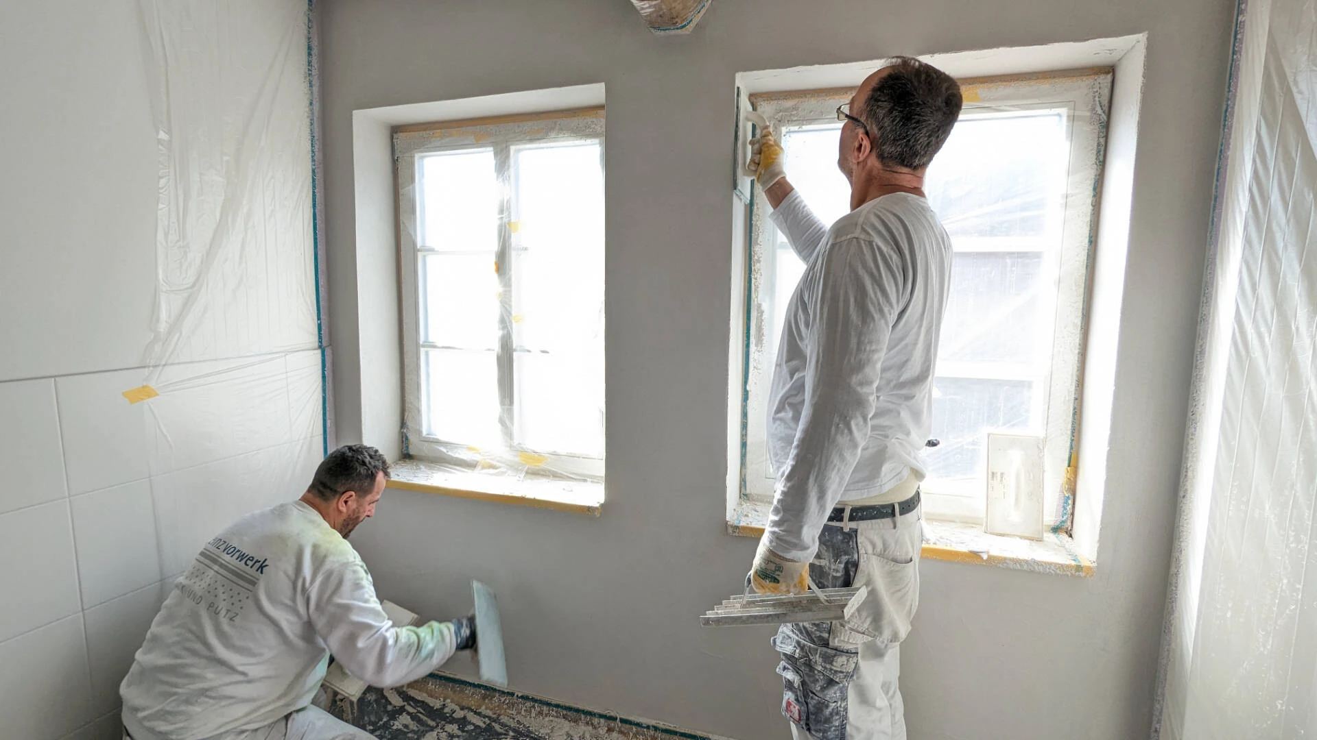 Zwei Fachhandwerker tragen innen einen Dämmputz an der Wand auf