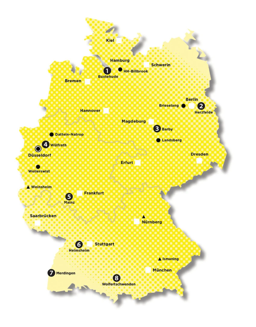 Karte von Deutschland mit Markierungen, wo welche Weber Werke liegen