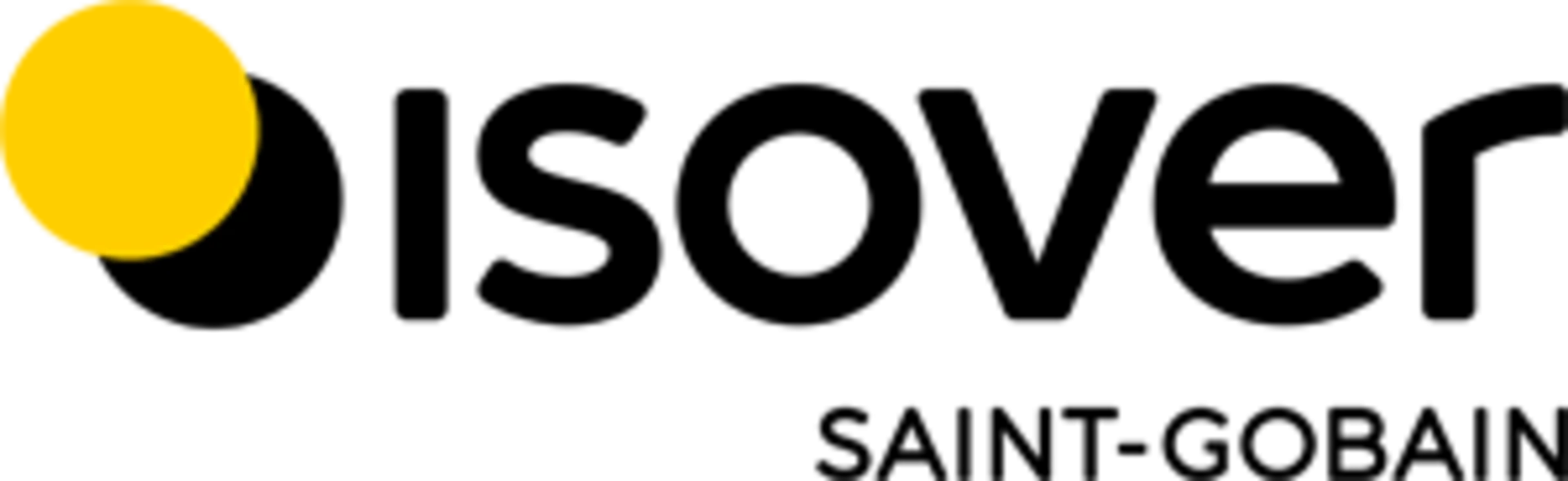 Logo der Firma Saint-Gobain Isover mit einem gelben Kreis oben Links, welcher einen schwarzen Kreis zu 50 Prozent überdeckt. Daneben steht in Großbuchstaben ISOVER und rechts unter dem Isover Schriftzug steht kleiner Saint-Gobain