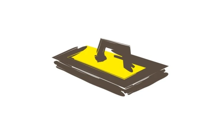 Gelbes Spachtel Icon mit braunem Rand für Weber Marine Produkte