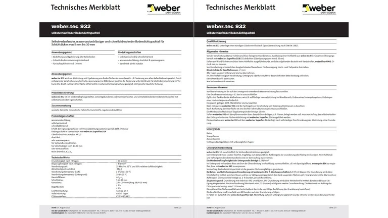 Bild des technischen Merkblatts von weber.tec 932 für Fachhandwerker Bautenschutz