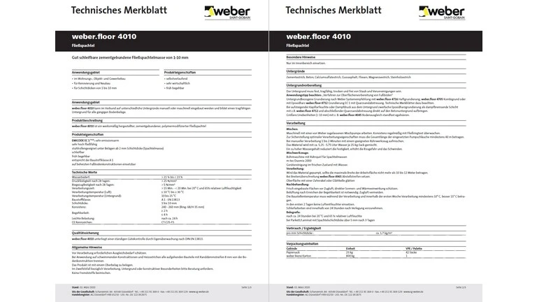 Bild des technischen Merkblatts von weber.floor 4010 für Fachhandwerker Bodenverlegung