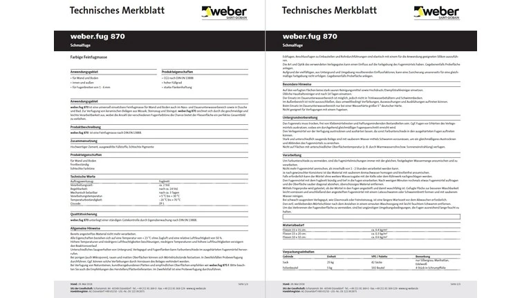 Bild des technischen Merkblatts von weber.fug 870 für Fachhandwerker Fliesenverlegung