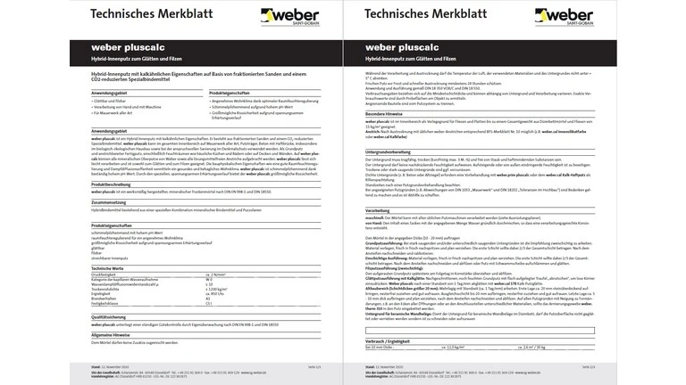 Bild des technischen Merkblatts von weber pluscals für Fachhandwerker Putz & Fassade
