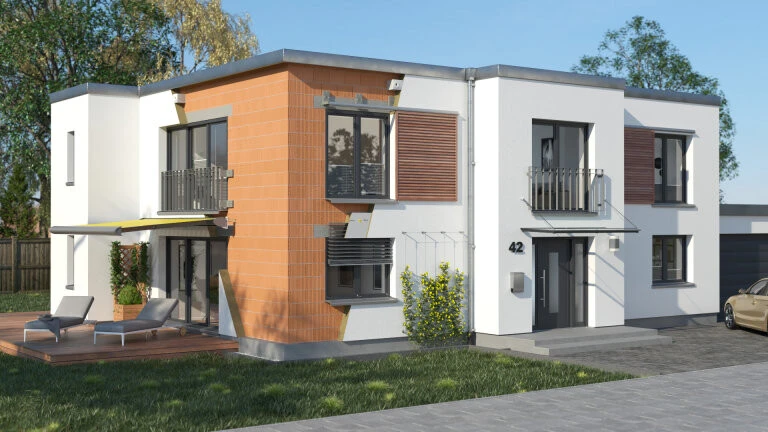 Animation eines Hauses mit verschiedenen Details an der Fassade