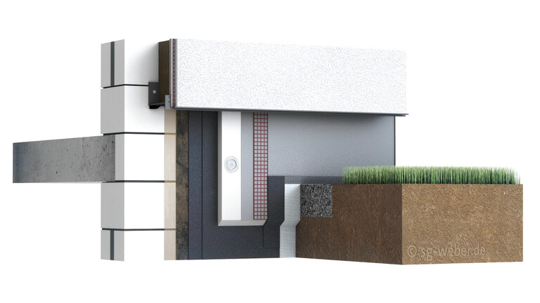 Sockeldetail: Anschluss an WDVS Systemgrafik eines Sockeldetails mit Anschluss an WDVS