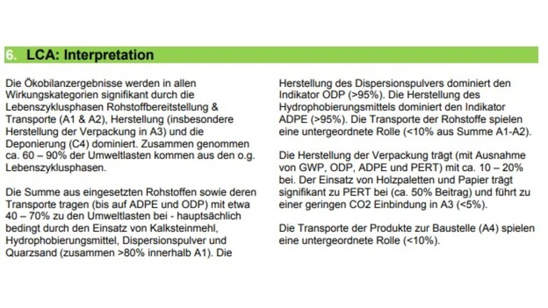 Auszug der Interpretation der Lebenszyklusanalyse einer EPD
