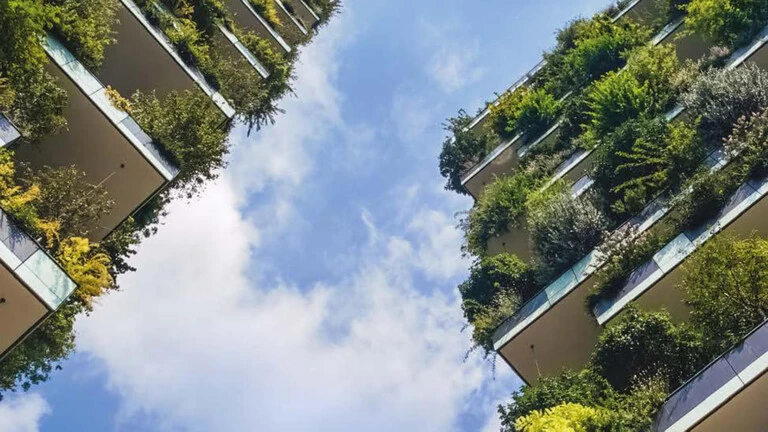 Gebäude mit Fassadenbegrünung vor einem blauen Himmel