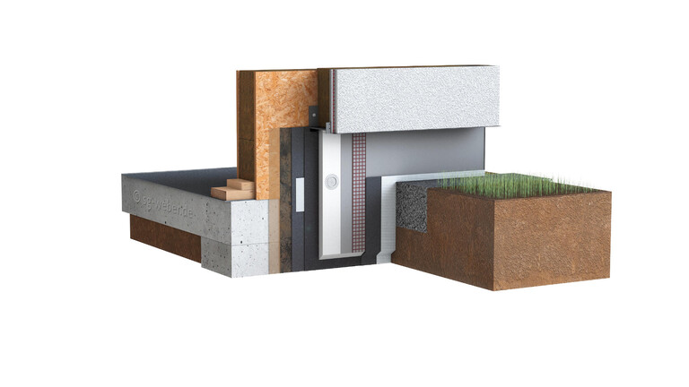 Sockeldetail: Holzrahmenbau Systemgrafik eines Sockeldetails bei Holzrahmenbau mit WDV-System