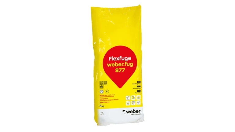 Verpackung weber.fug 877 in einem gelben Foliensack mit einem roten Tropfen vorne drauf