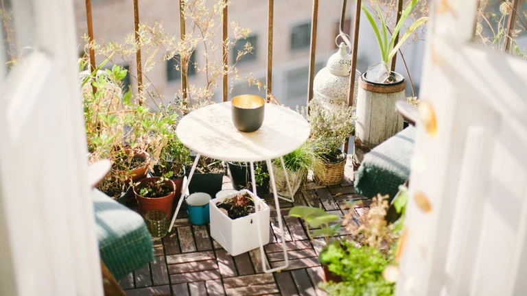 Aufnahme eines Balkons, der mit Pflanzen, einem Tisch und Stühlen gestaltet ist