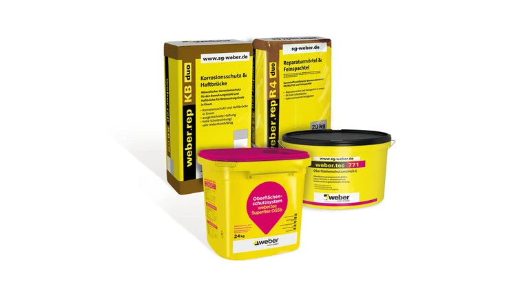 Gruppe aus Produktverpackungen des weber.tec Superflex OS 5b, weber.rep KB duo, weber.rep R4 duo und weber.tec 771