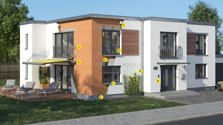 Grafik eines Flachdach-Hauses mit verschiedenen, nummerierten Details, die im WDVS integriert sind 