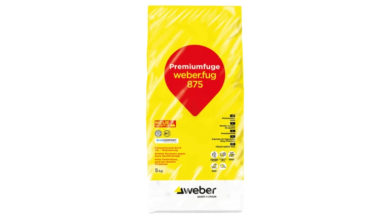 Gelber Foliensack mit rotem Tropfen auf der Vorderseite, auf welchem der Schriftzug "Premiumfuge weber.fug 875" steht