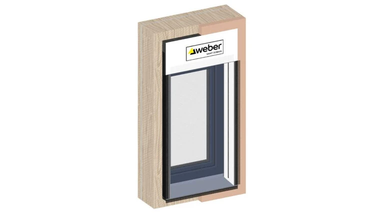 3D Rendering einer weber.projekt WDVS Fertigzarge für den Holzbau im zusammengesetzten Zustand