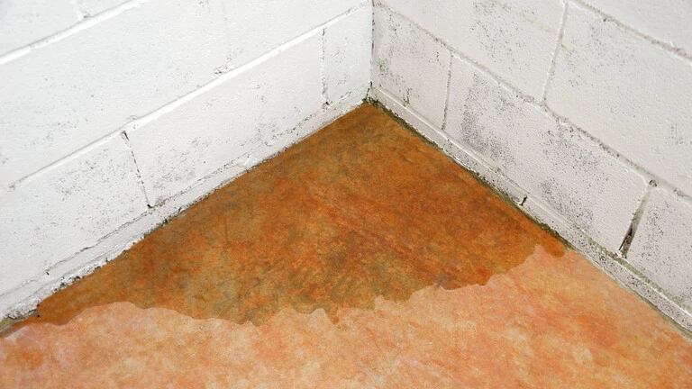 Nahaufnahme einer Kellerecke mit einem Wasserfleck auf dem Boden