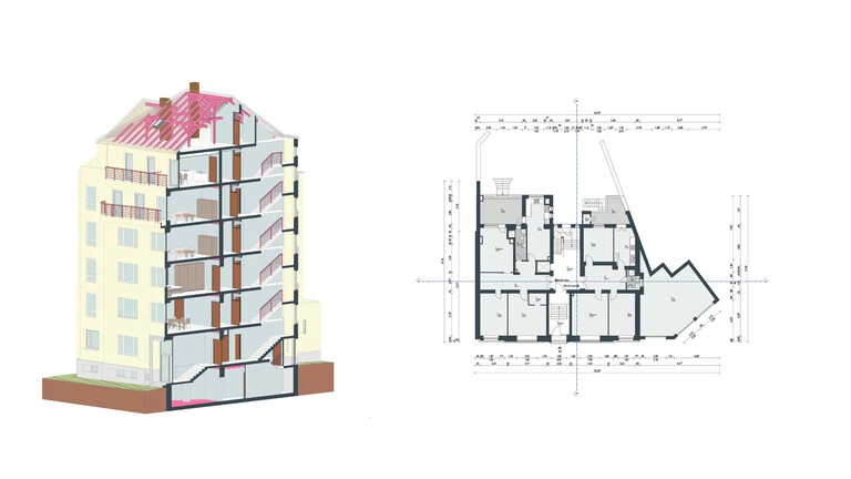 3D Grafik eines Gebäudequerschnitts mit allen sichtbaren konstruktiven Elementen. Rechts daneben ist ein bemaßter Grundriss einer Etage abgebildet.