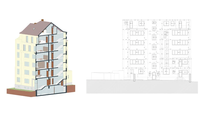 3D Grafik einer Gebäudeaußenhülle mit relevanten Bauteilen. Rechts daneben ist eine 2D-Skizze der Fassade abgebildet