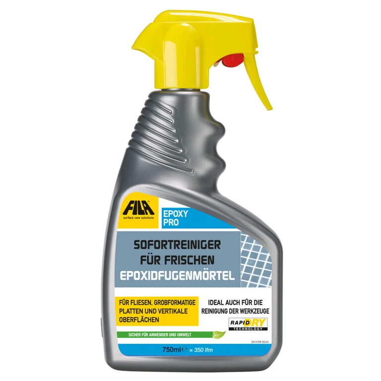 Verpackung der Fila Epox Waschhilfe. Eine graue Sprühflasche mit gelbem Deckel.