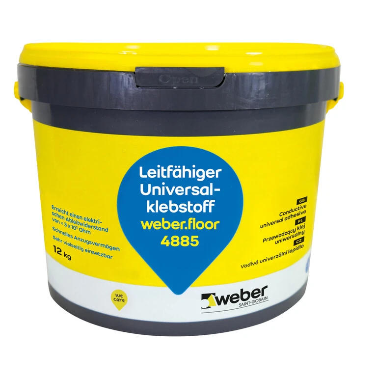 Verpackung des Universalklebstoffs weber.floor 4885 in einem recyclingfähigen Eimer mit gelber Banderole