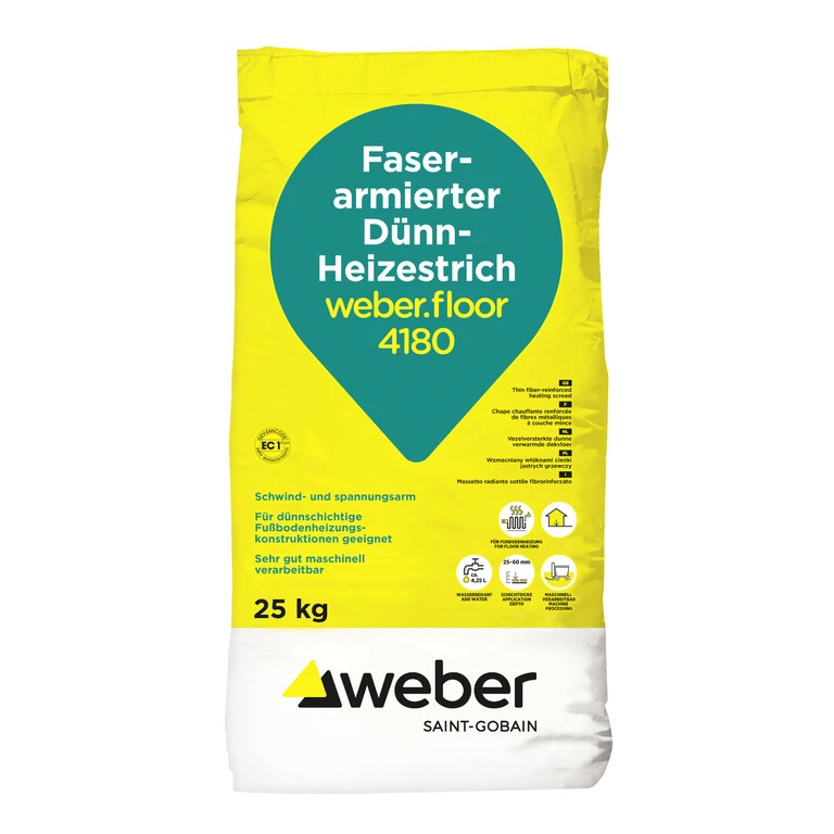Verpackung des weber.floor 4180 als gelber Sack mit einem grünen Tropfen drauf, in welchem Faserarmierter Dünn-Heizestrich weber.floor 4180 steht
